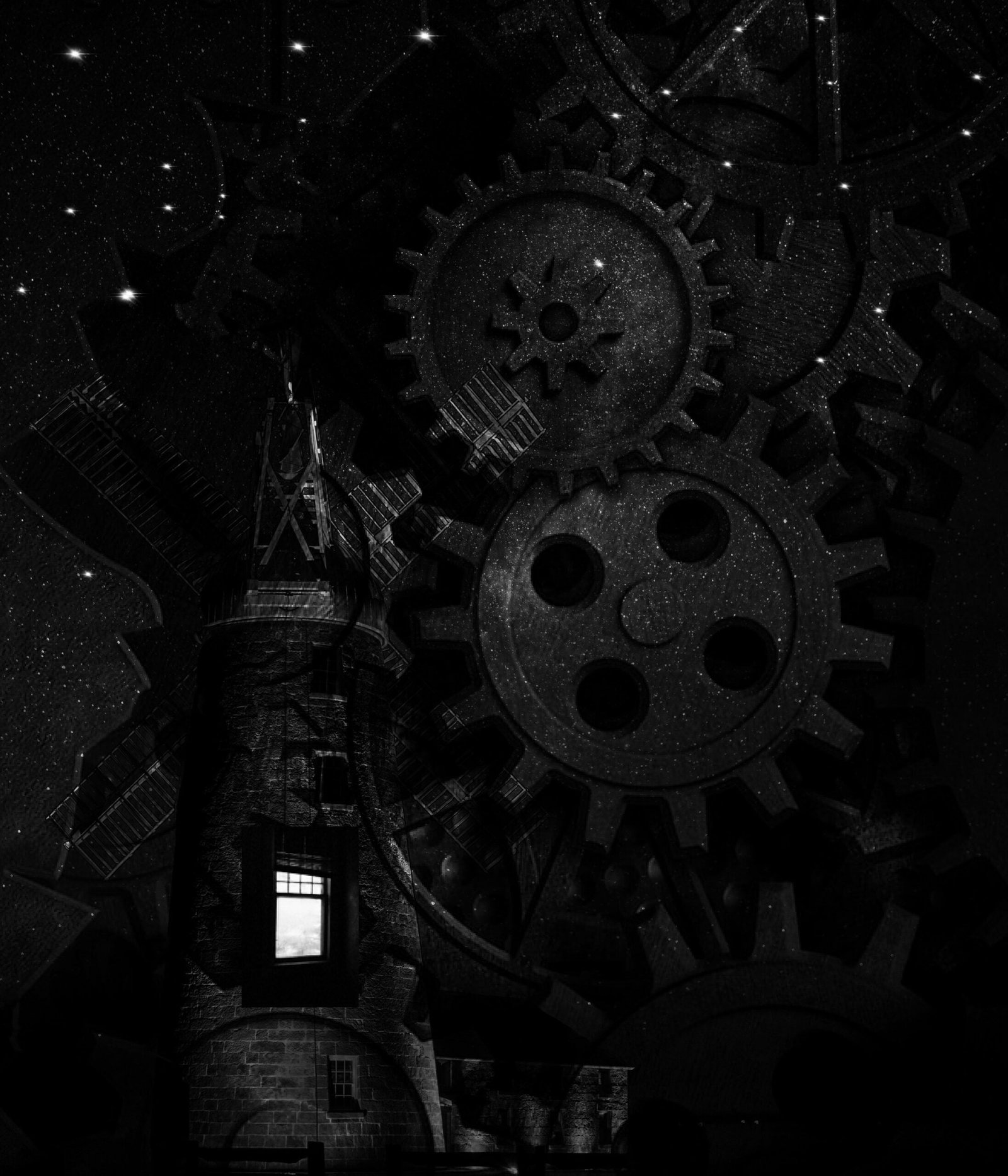a black and white photo of a clock tower